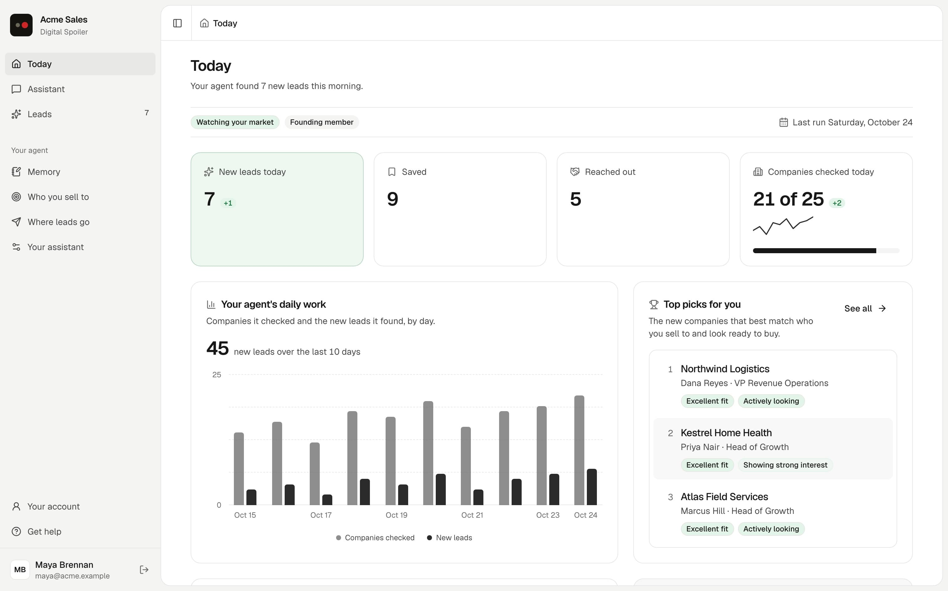 The Digital Spoiler dashboard showing the day's new leads, the agent's daily work over ten days, and the top-matched companies.