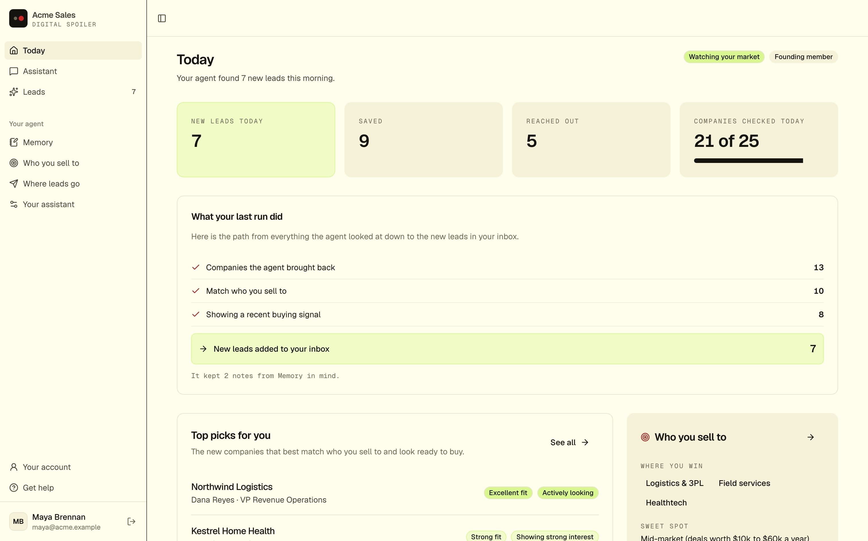 The Digital Spoiler dashboard showing the day's new leads, what the last run did, and the top-matched companies.